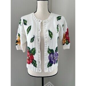 Marisa Christina Classics Hand Knitted Floral Short Sleeve Cardigan Size Small